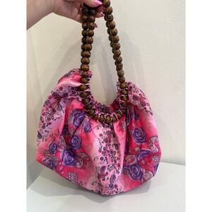 Pink Purple Floral Paisley Hobo Bag Wooden Bead Handle Satin Boho Handbag